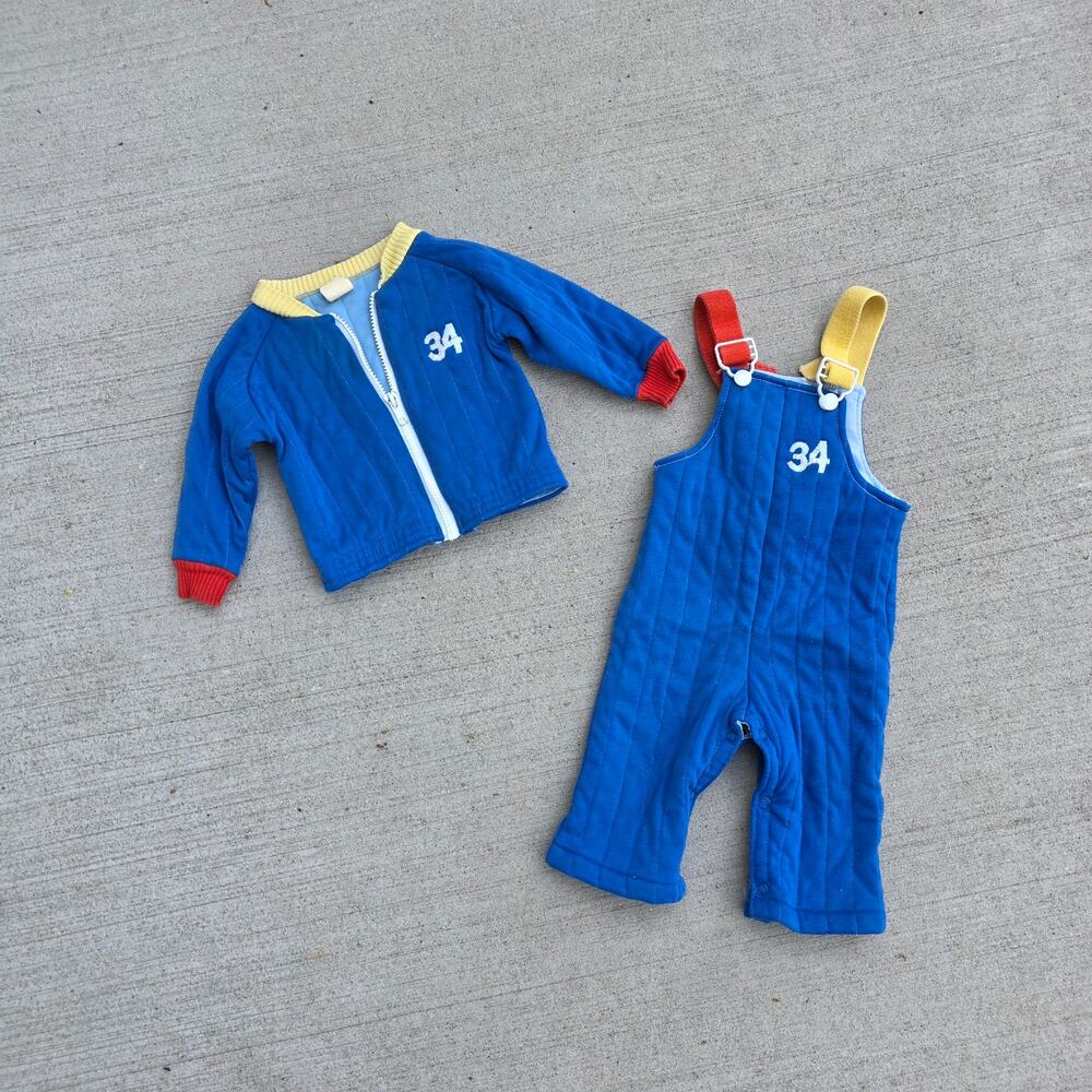 Vintage 80s Baby Quilted Outfit Set Carter’s Blue Overalls Jacket Blue #34